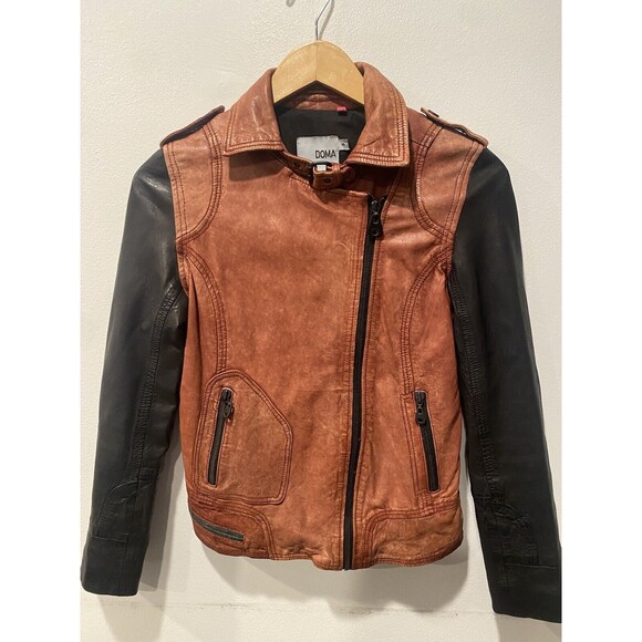Doma Womens Leather Jacket Distressed Color Block 2 Tone Brown Black Moto Coat S - Picture 3 of 8